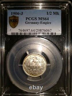 PCGS MS64 MS-64 1906-J Mint Mark Germany-Empire 1/2 Mark Silver RARE HIGH GRADE
