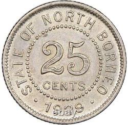Rare 1929 British North Borneo Small Silver Coin 25 Cents Mint Mark H NGC AU 58