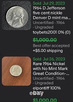Rare 1964 Nickel with No Mint Mark Great Condition- Rim Raised
