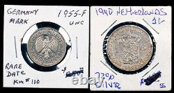 Rare World Silver Coins 1955f German Mark 1940 Netherland 1 Gulden Bu #218