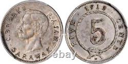 Scarce 1913H Sarawak Silver Coin 5 Cents Charles C. Brooke Bust Mint Mark H AU55