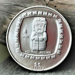 Scarce 1996 Mexico Hombre Jaguar 5 Pesos. 999 Silver Coin Left Hand Mint Mark