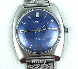 Vintage Sandoz Watch Automatic 17 Jewels Nos Mint Unisex Blue 37 MM Rare Swiss